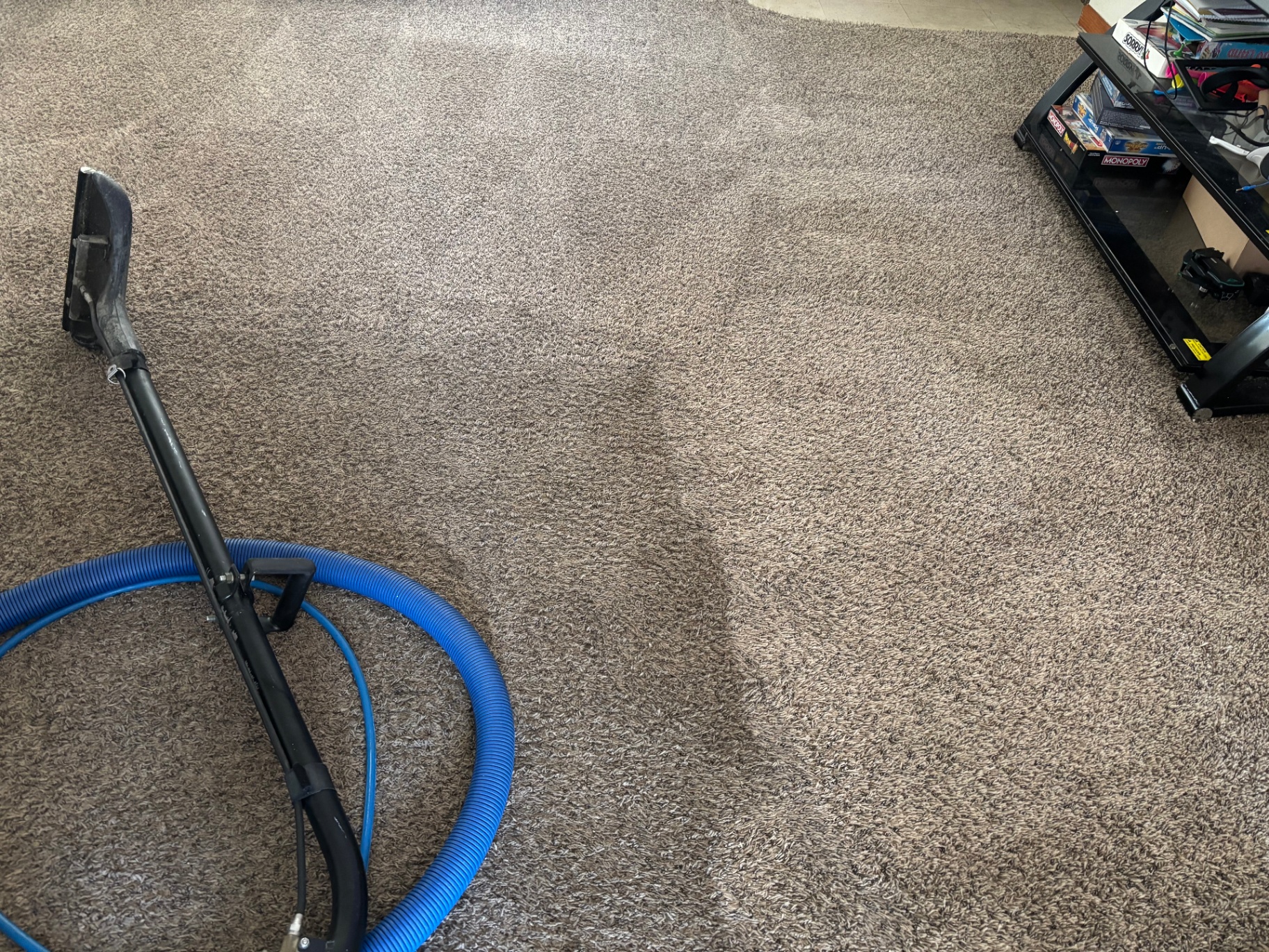 Family room carpet cleaning in progress