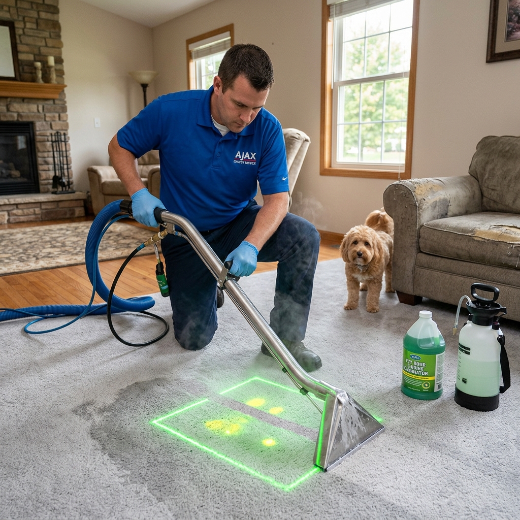 Ajax technician using truck-mounted hot water extraction with UV inspection on living room carpet