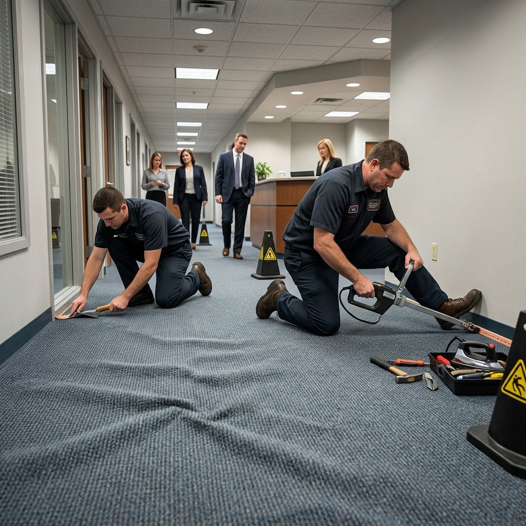 Ajax Carpet Service technicians repairing wrinkled commercial carpet in a Hammond office hallway
