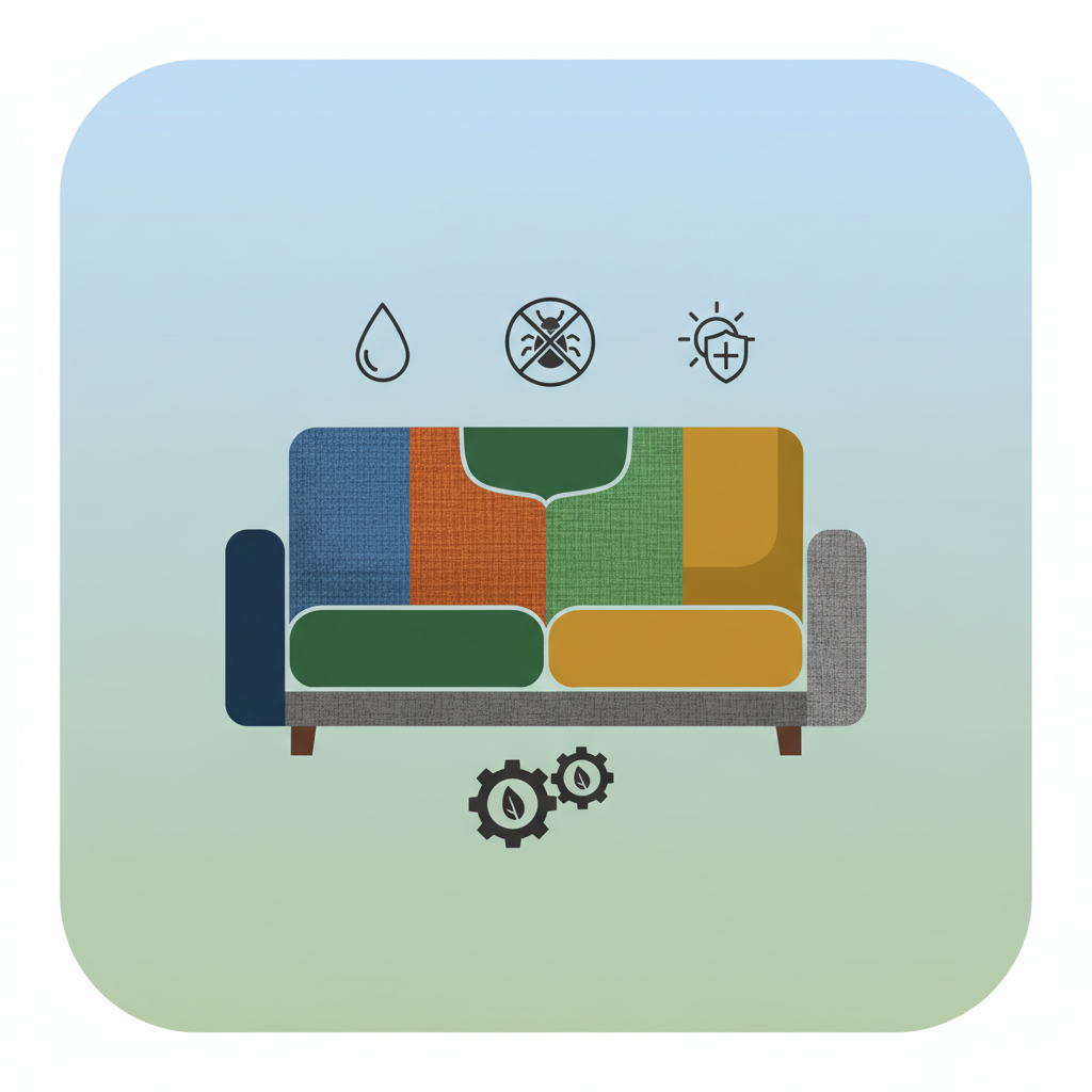 Illustration of different upholstery fabric types and maintenance tools
