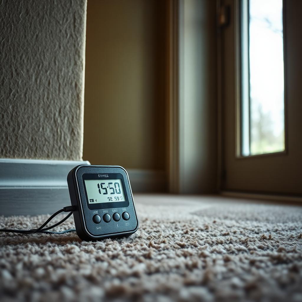 Digital hygrometer measuring humidity levels near basement carpet