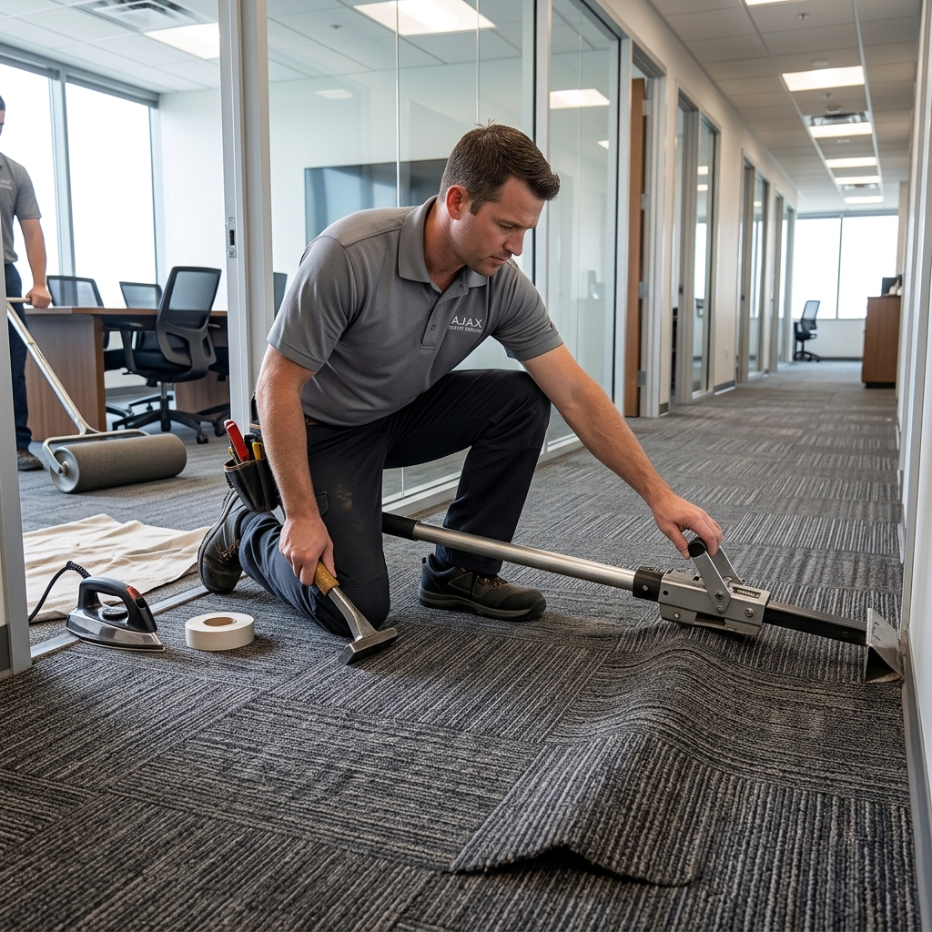 Ajax Carpet Service technician using a power stretcher to repair commercial office carpet seams