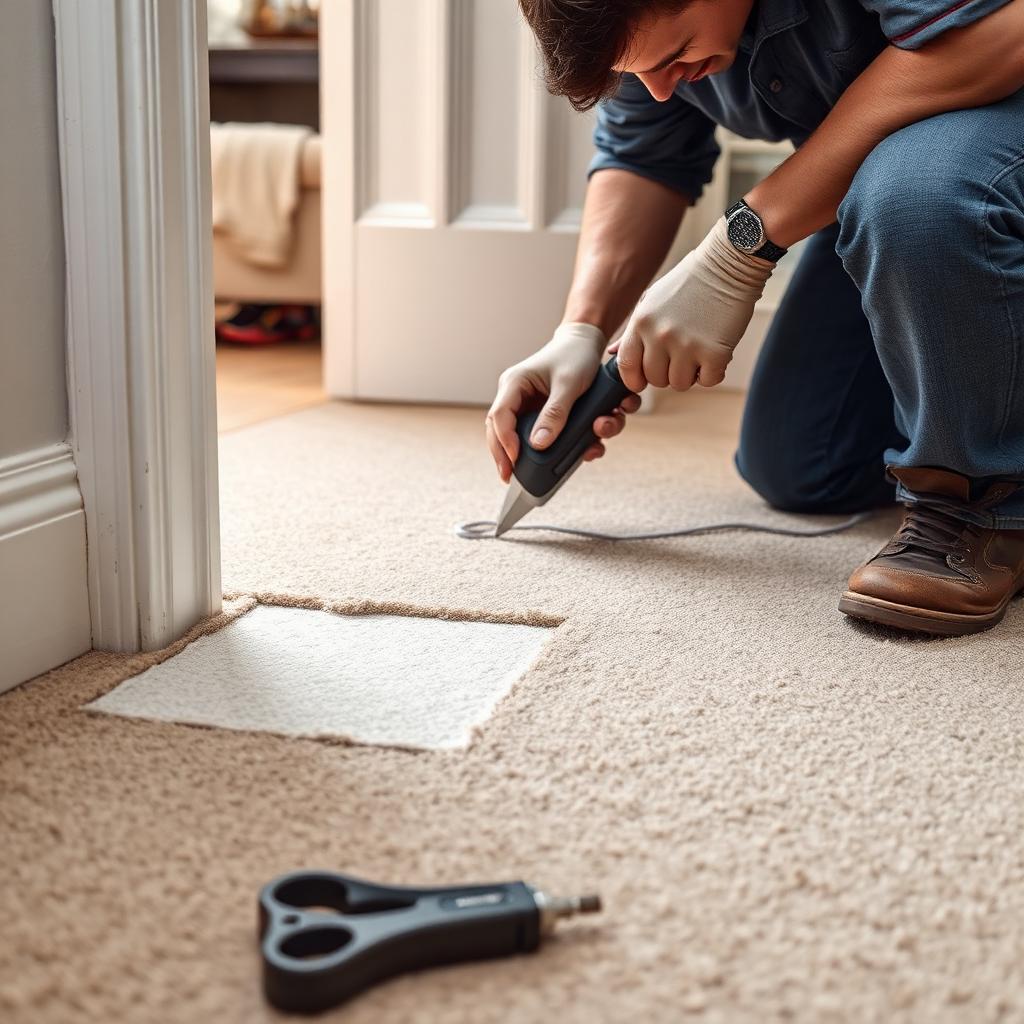Professional technician patching carpet damage near a doorway threshold