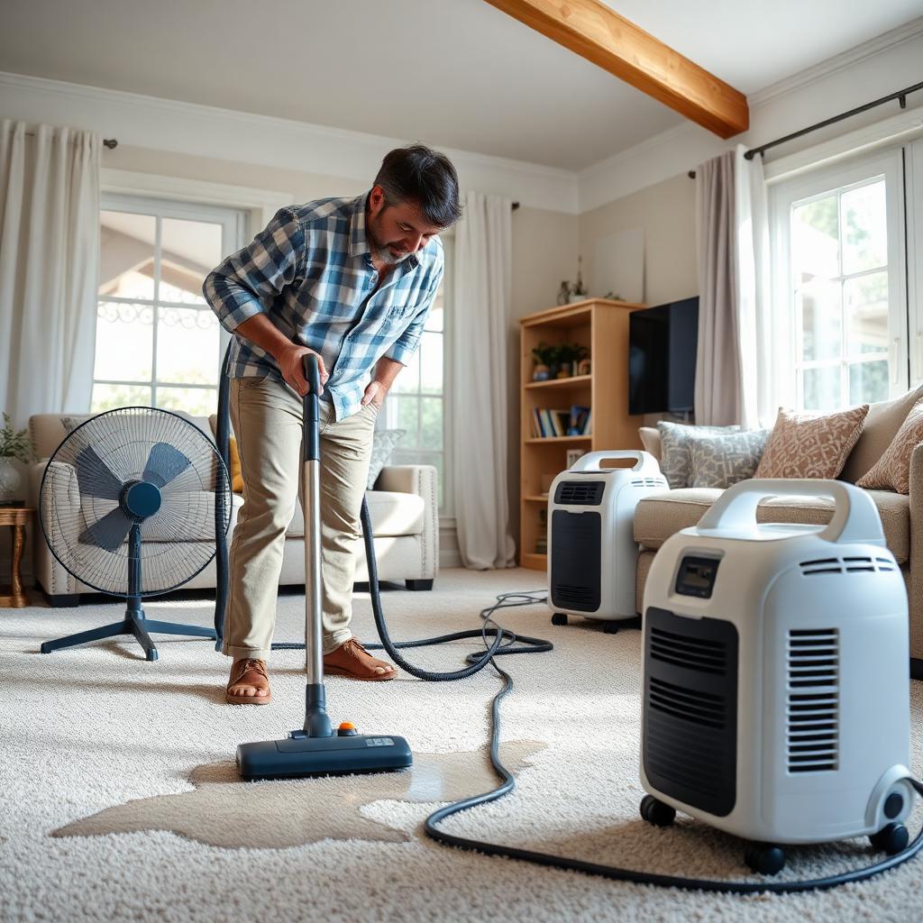 Homeowner using a wet-dry vacuum on carpet with fans and dehumidifier set up for rapid drying