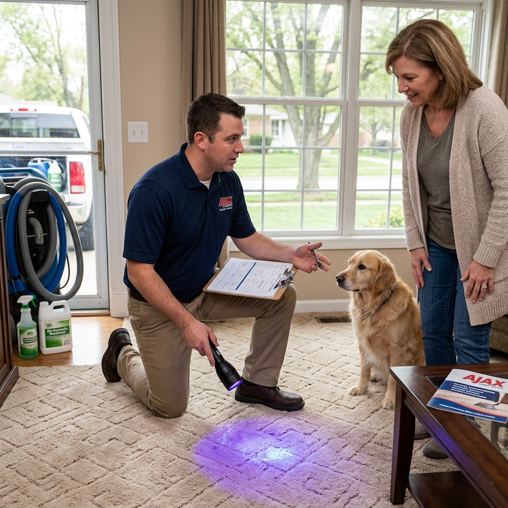 Ajax technician using UV light to detect hidden pet urine spots while homeowner and dog observe