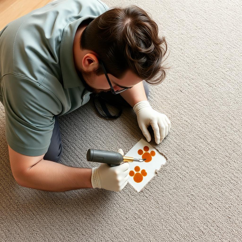 Professional carpet technician patching a small pet-damaged area using a precision bonded insert technique