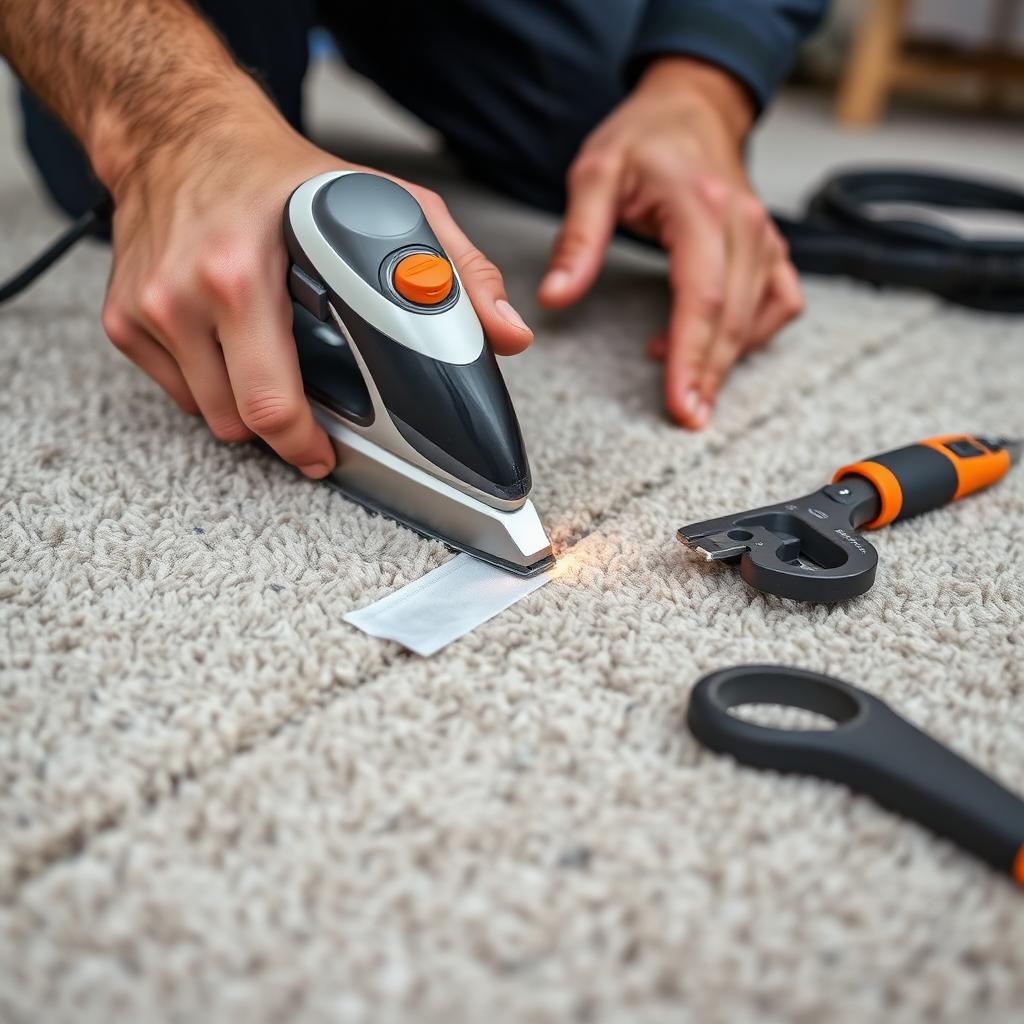 Professional technician carefully patching a damaged section of carpet with a donor piece