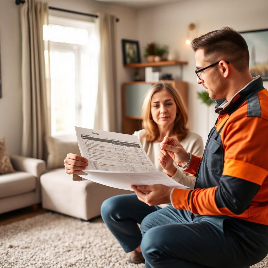 Homeowner reviewing an itemized carpet repair estimate with a professional technician discussing transparent pricing