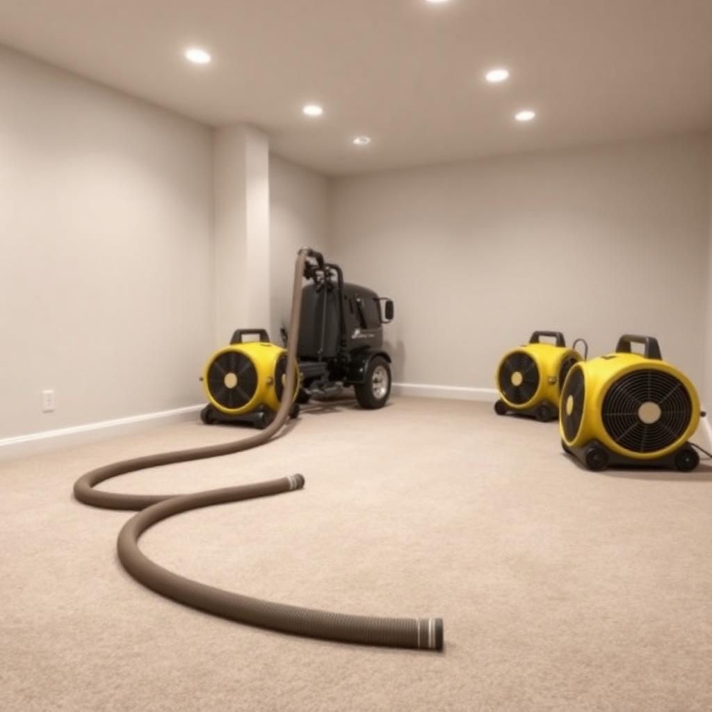 Professional carpet cleaning equipment with air movers set up in a basement for mold remediation
