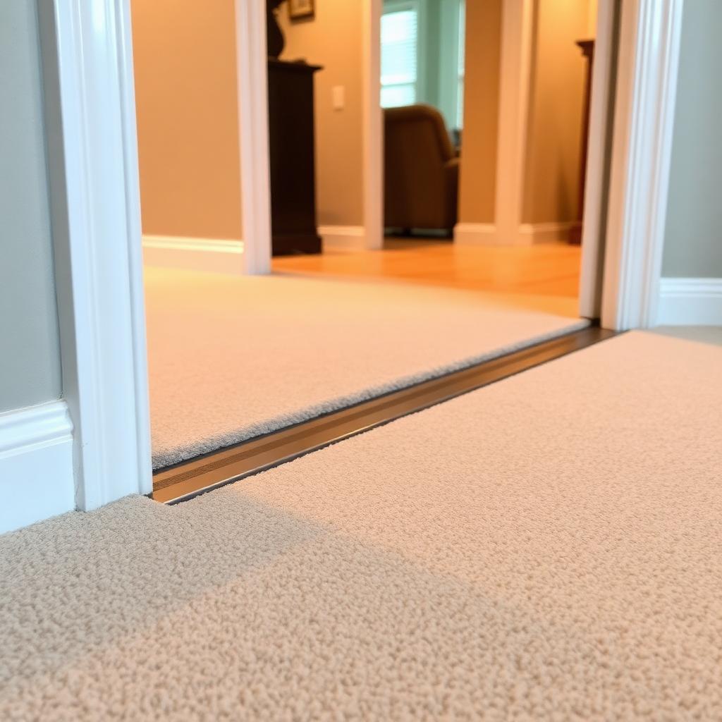 Before and after comparison of carpet seam repair at a doorway transition