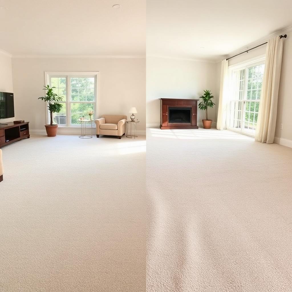 Before and after comparison of carpet re-stretching in a residential bedroom