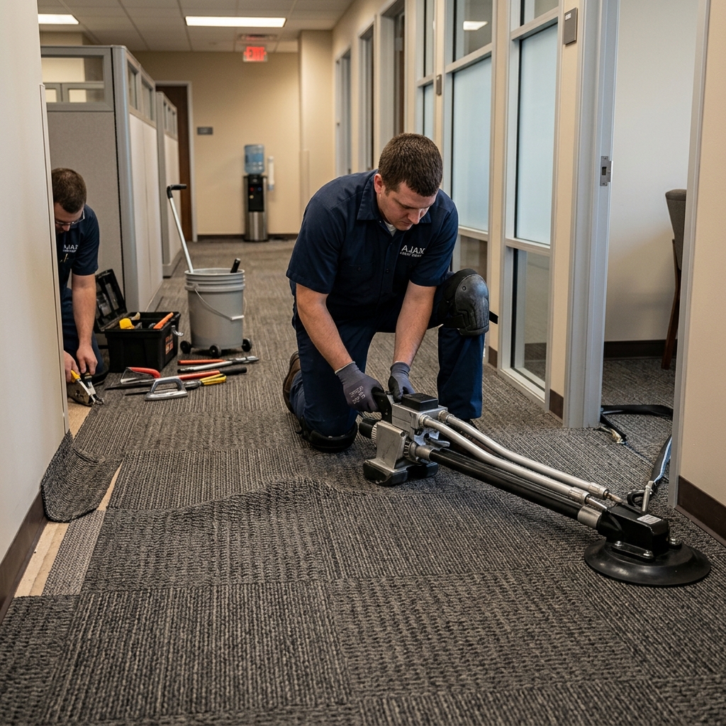 Ajax Carpet Service technician installing a seamed patch repair in a commercial office hallway